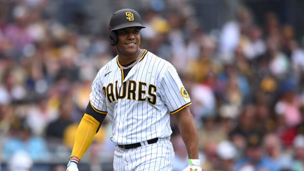 San Diego Padres OF Juan Soto reacts to out